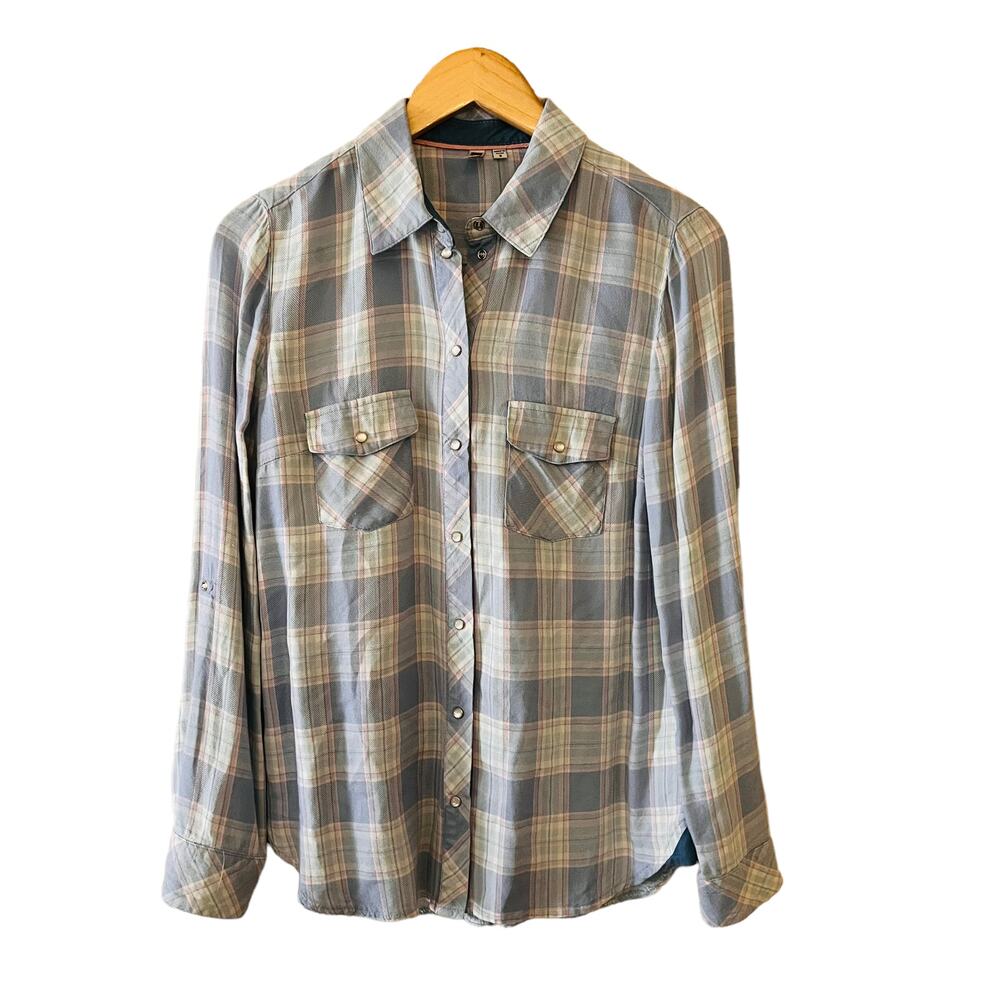 Kut From The Kloth Plaid Pearl Snap Button Long Sleeve Top Size S Small Blue